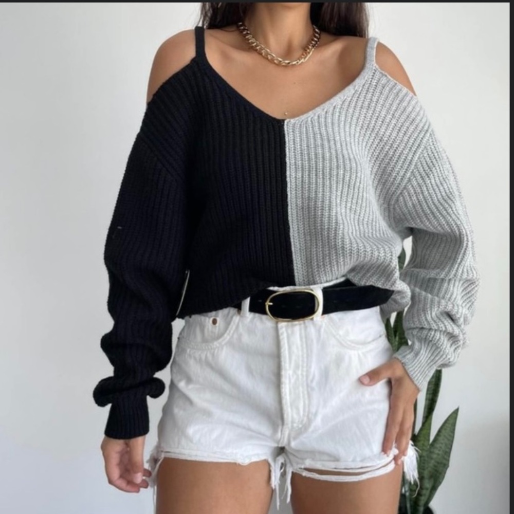 Almost famous color block black grey off shoulder cropped Sweater - medium